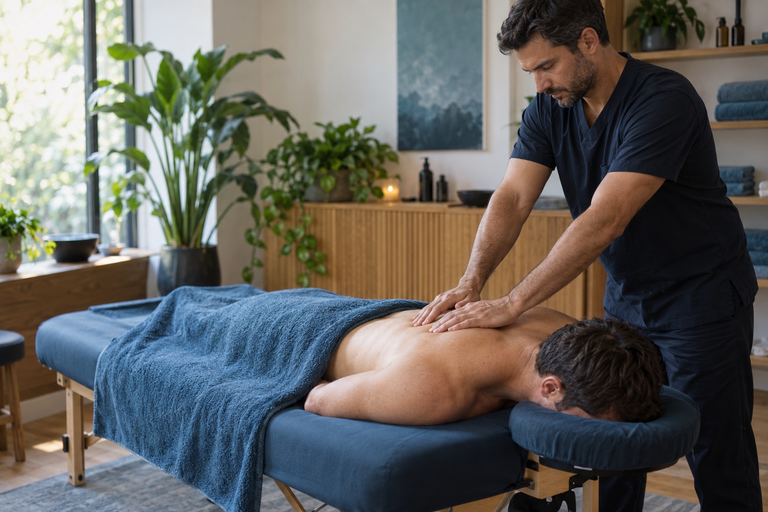 A male massage therapist working on a man's upper back in a calm professional studio, with the client covered by a blue towel
