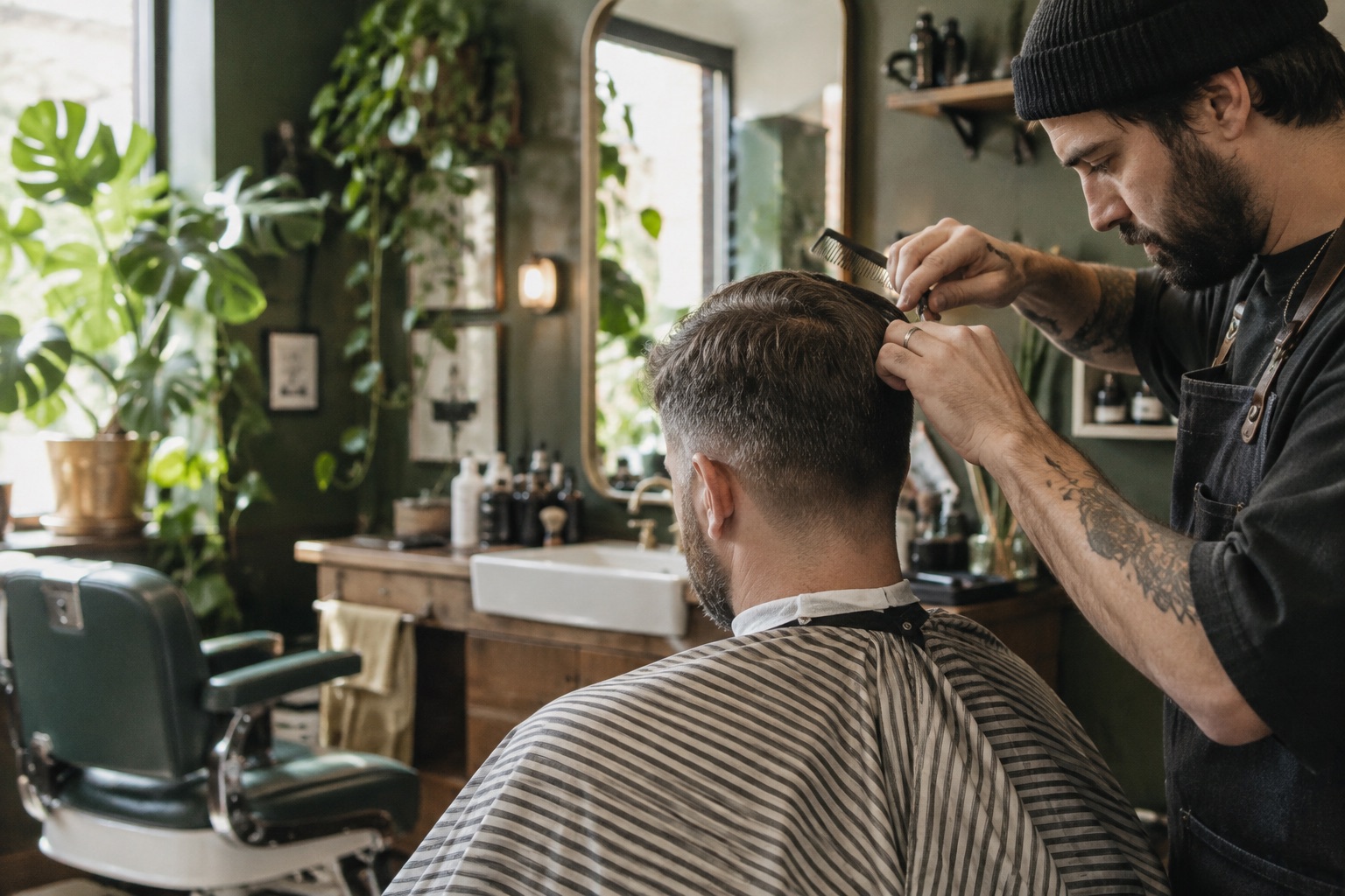 A barber focused on a client's haircut in a light-filled independent studio
